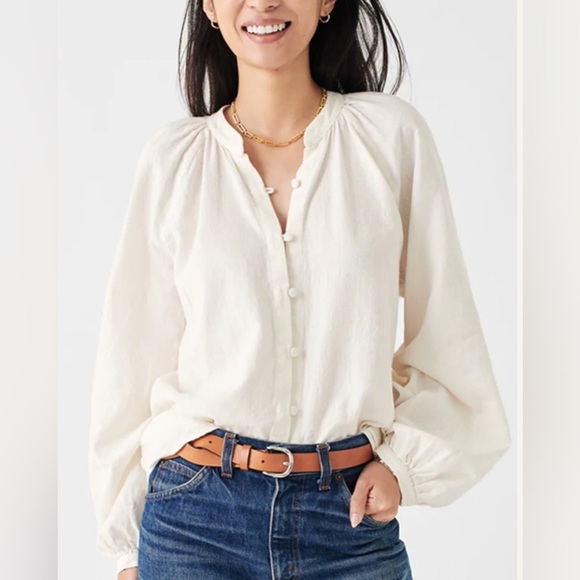 Faherty Naomi Romantic Soft Linen Blend Long Sleeve Poet Blouse Neutral Preppy - Picture 1 of 15